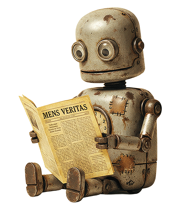 Vintage robot reading a Mens Veritas newspaper